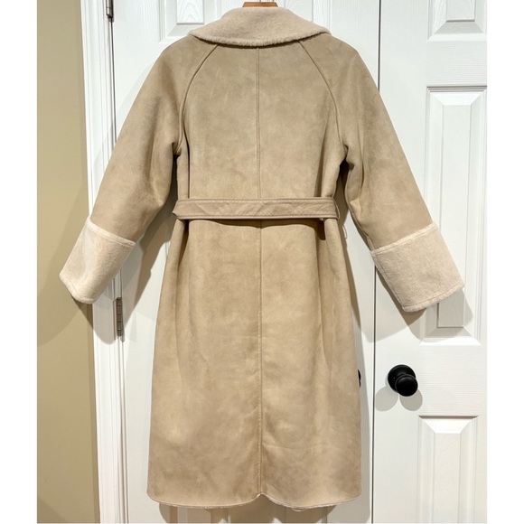 Tahari Sz 10/12 Faux Suede Long Trench Coat, Cream Fur Trim women’s large - Picture 6 of 16